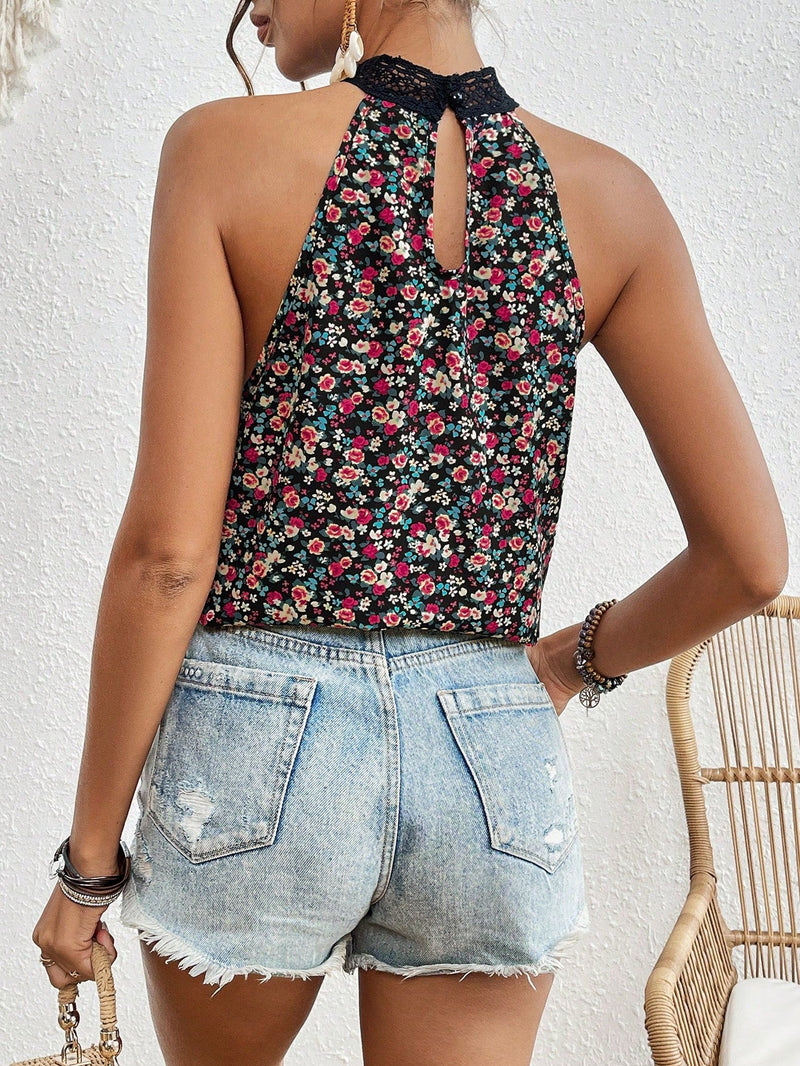 Frenchy Blusa De Mujer Sin Mangas Con Cuello Halter Y Estampado De Flores