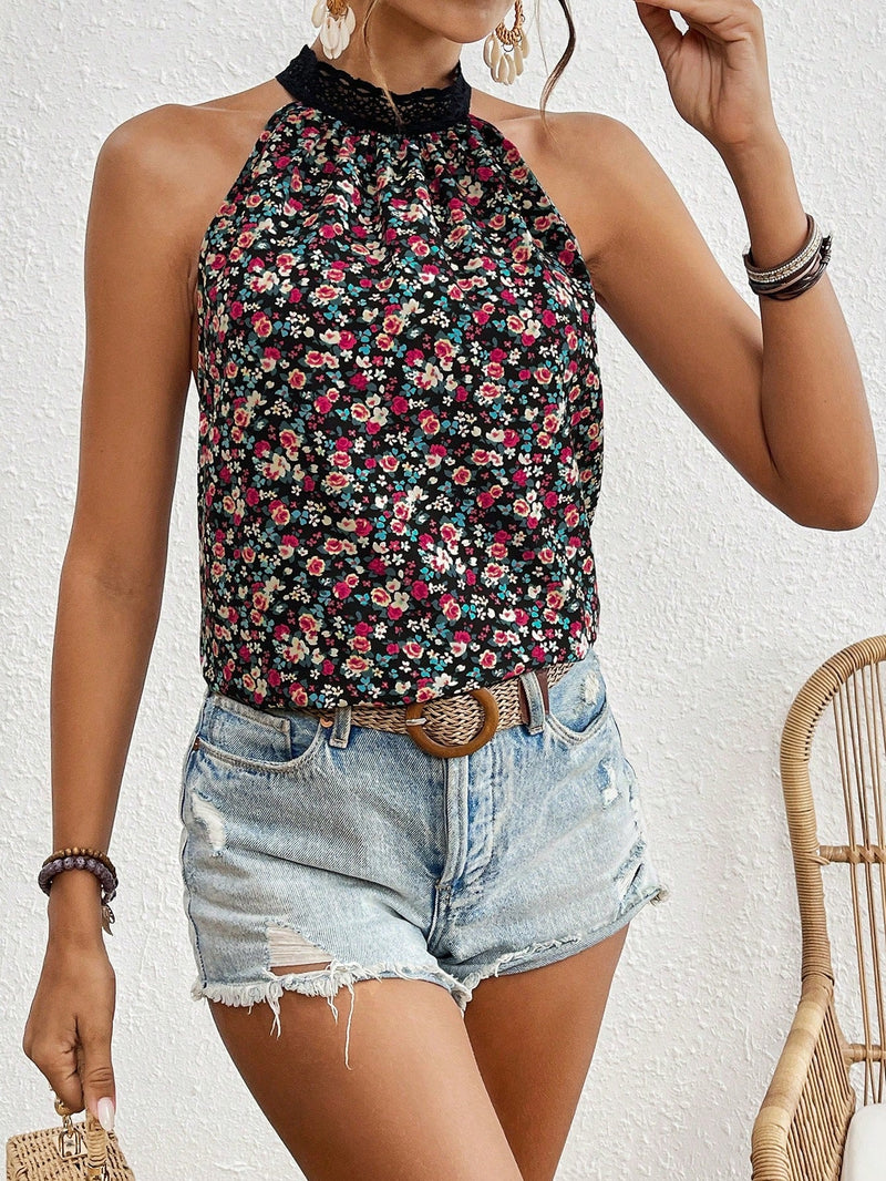 Frenchy Blusa De Mujer Sin Mangas Con Cuello Halter Y Estampado De Flores