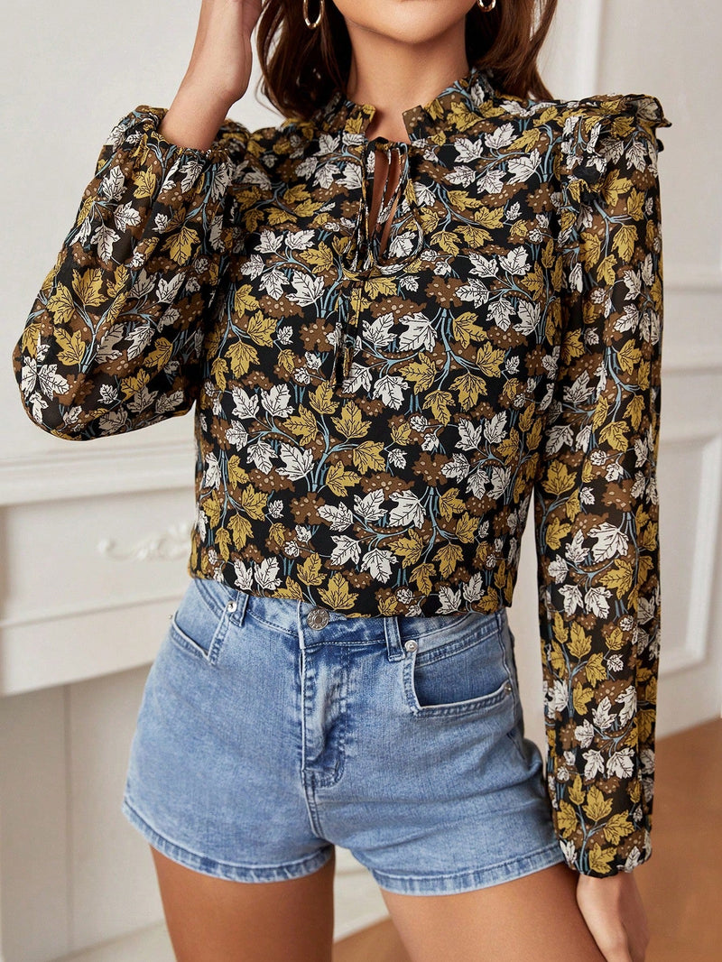 Frenchy Blusa De Chiffon De Estampado De Hojas De Manga Larga Para Mujer Con Cuello Con Volantes Y Un Cuello Atado, Una Elegante Blusa De Chiffon Para El Trabajo