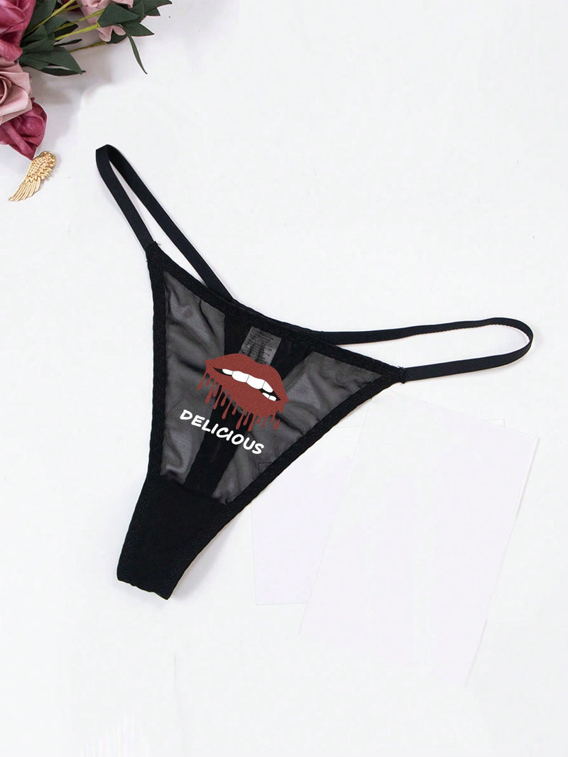 Ropa Interior Sexy Con Diseno De Patron De Labios De Encaje Transpirable Y Tanga Para Mujeres