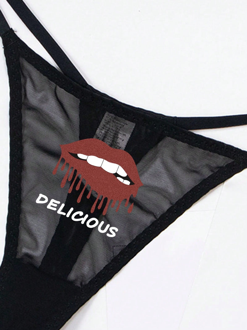 Ropa Interior Sexy Con Diseno De Patron De Labios De Encaje Transpirable Y Tanga Para Mujeres