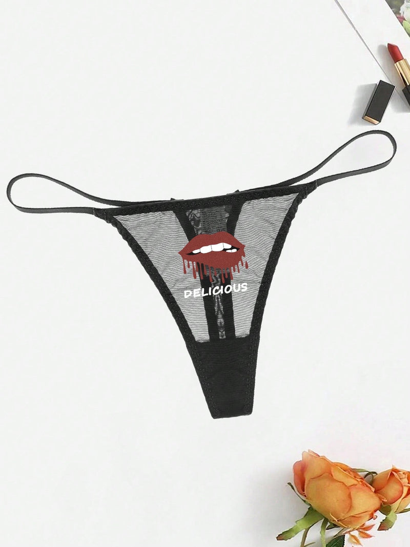 Ropa Interior Sexy Con Diseno De Patron De Labios De Encaje Transpirable Y Tanga Para Mujeres