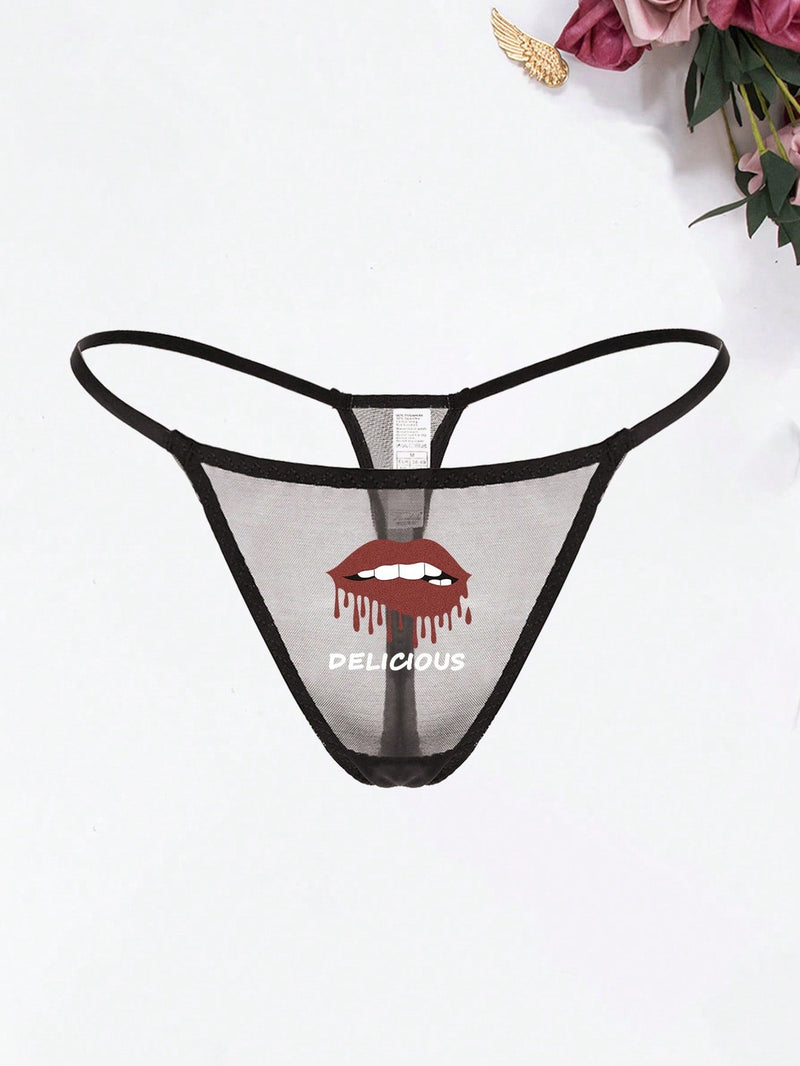 Ropa Interior Sexy Con Diseno De Patron De Labios De Encaje Transpirable Y Tanga Para Mujeres