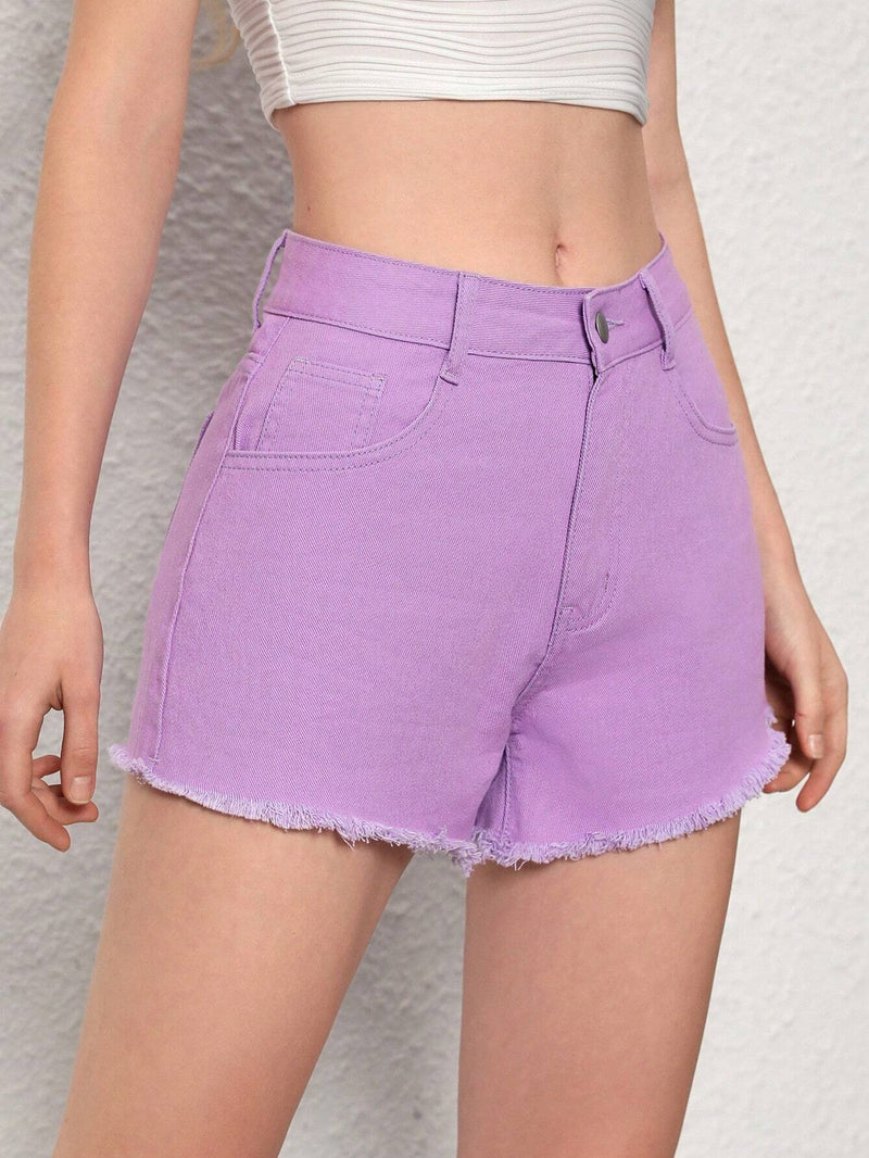 Pantalones Cortos De Mezclilla Con Dobladillo Deshilachado Para Mujer