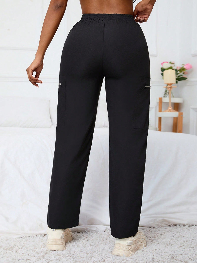 Essnce Pantalones Largos De Bolsillo Con Cremallera De Color Solido Para Mujer