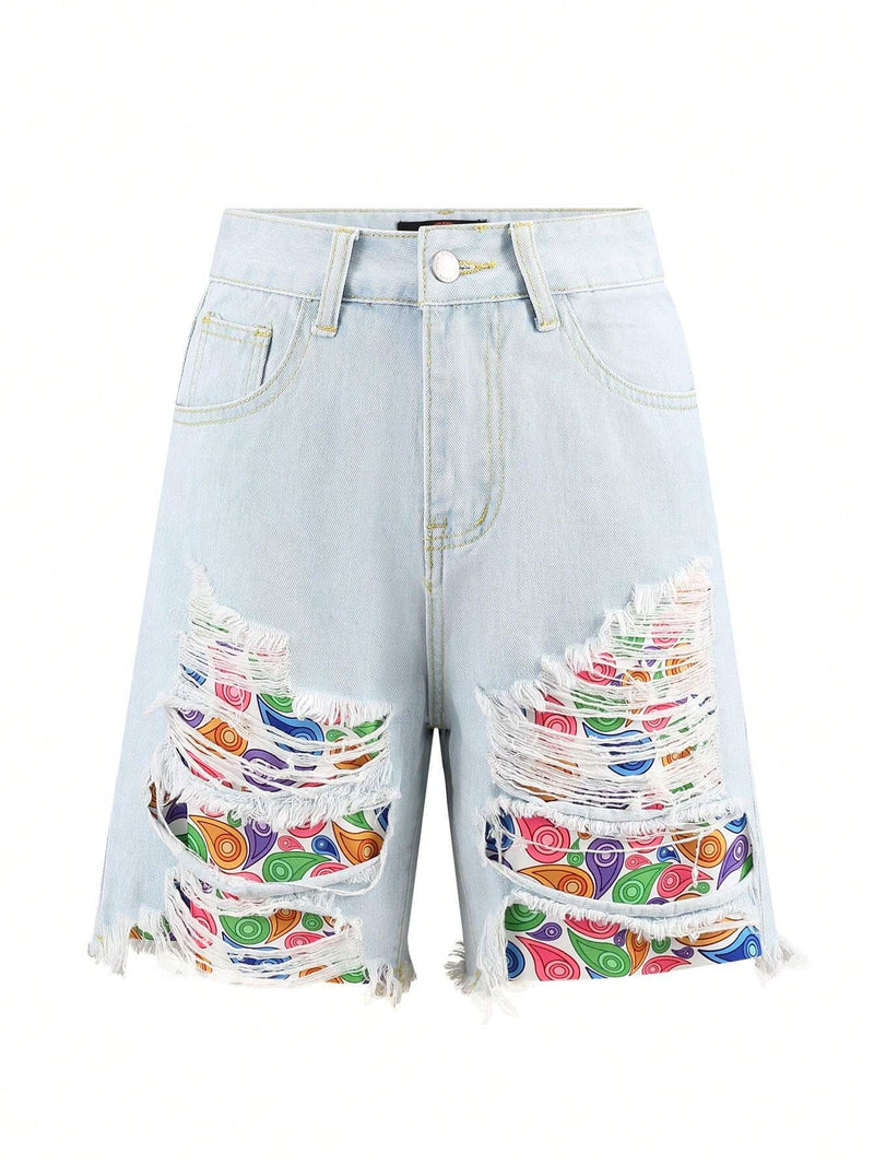 Pantalones Cortos De Mezclilla Rotos Estampados