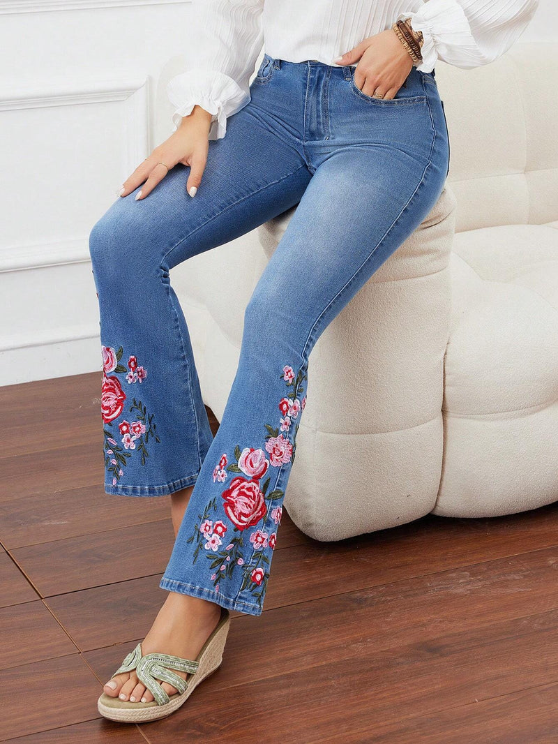 LUNE Jeans Ligeramente Acampanados Con Estampado De Flores De Moda Para Mujer