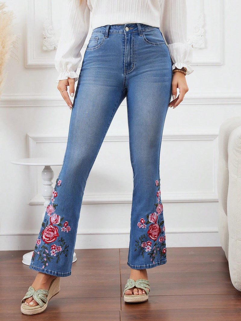 LUNE Jeans Ligeramente Acampanados Con Estampado De Flores De Moda Para Mujer