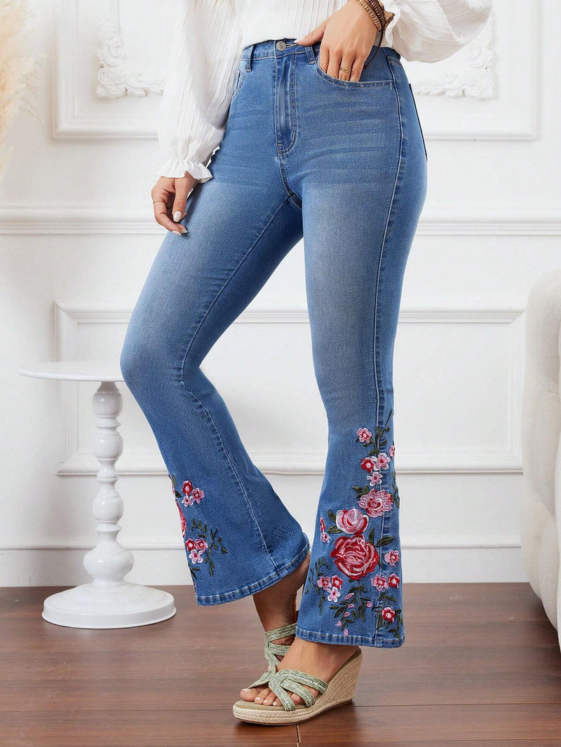 LUNE Jeans Ligeramente Acampanados Con Estampado De Flores De Moda Para Mujer