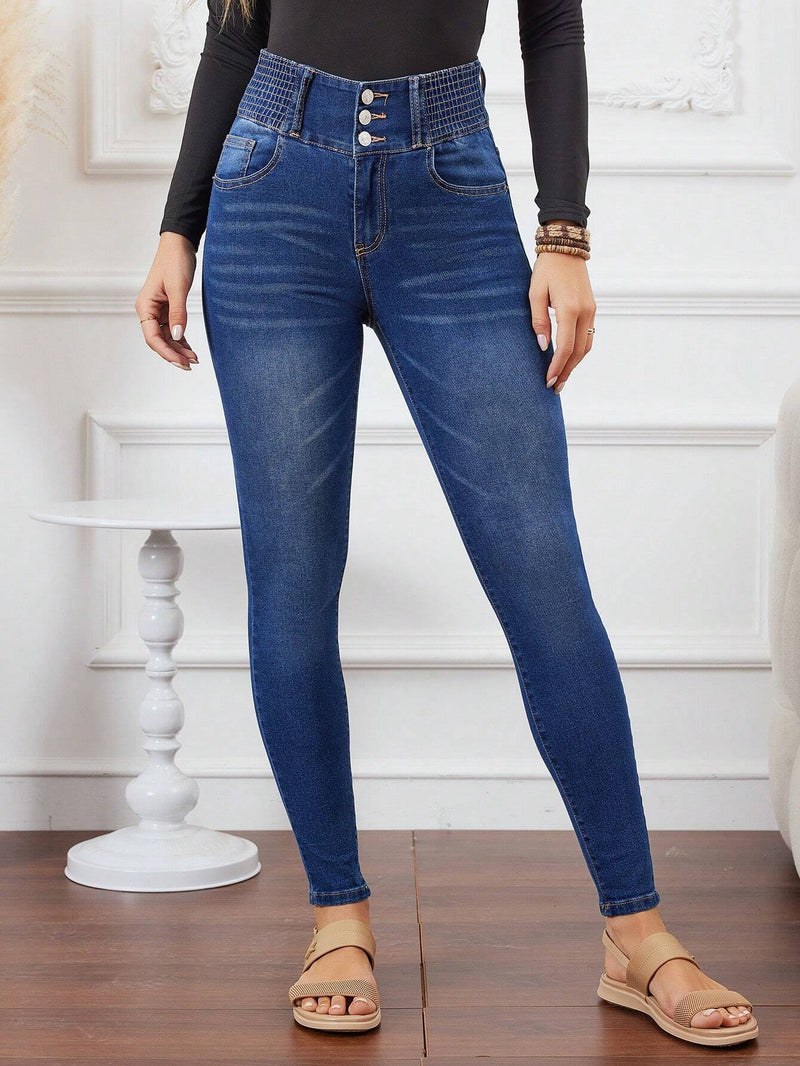 LUNE Jeans Azul De Ajuste Ajustado De Control De Barriga Con Cintura Fruncida Para Mujeres