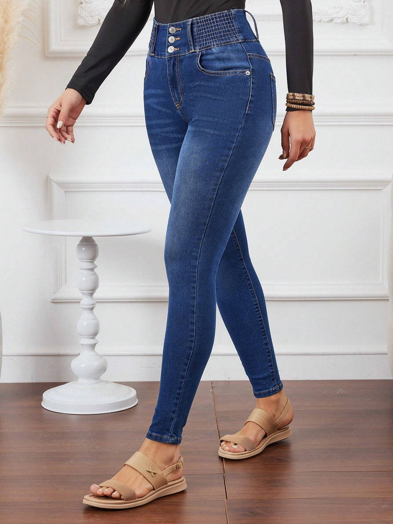 LUNE Jeans Azul De Ajuste Ajustado De Control De Barriga Con Cintura Fruncida Para Mujeres