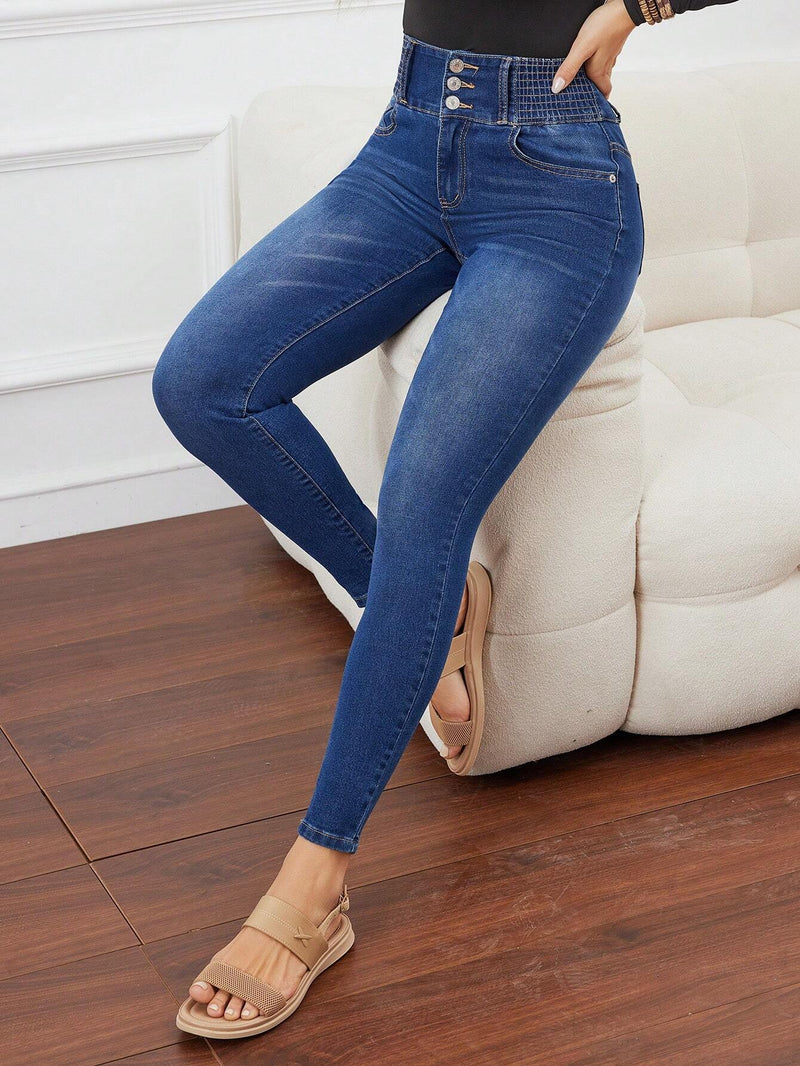 LUNE Jeans Azul De Ajuste Ajustado De Control De Barriga Con Cintura Fruncida Para Mujeres