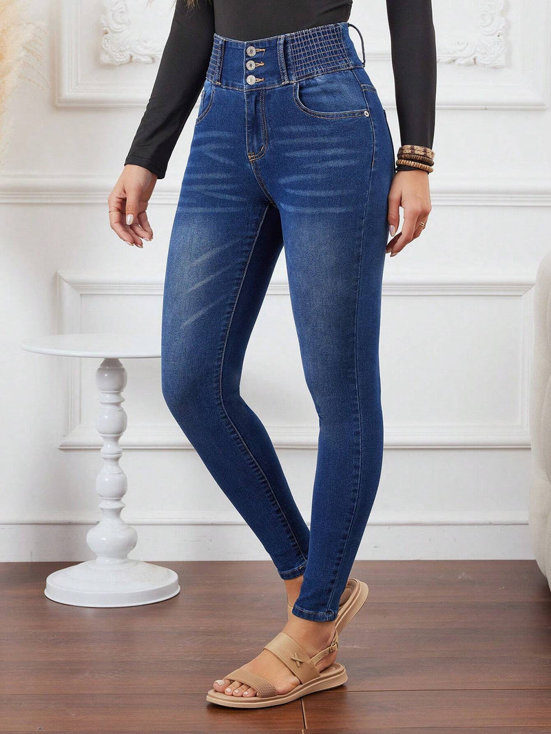 LUNE Jeans Azul De Ajuste Ajustado De Control De Barriga Con Cintura Fruncida Para Mujeres