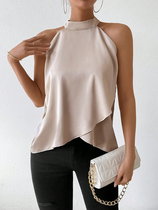 Prive Camisa de mujer con cuello alto y dobladillo asimetrico en la parte superior, blusa para salir