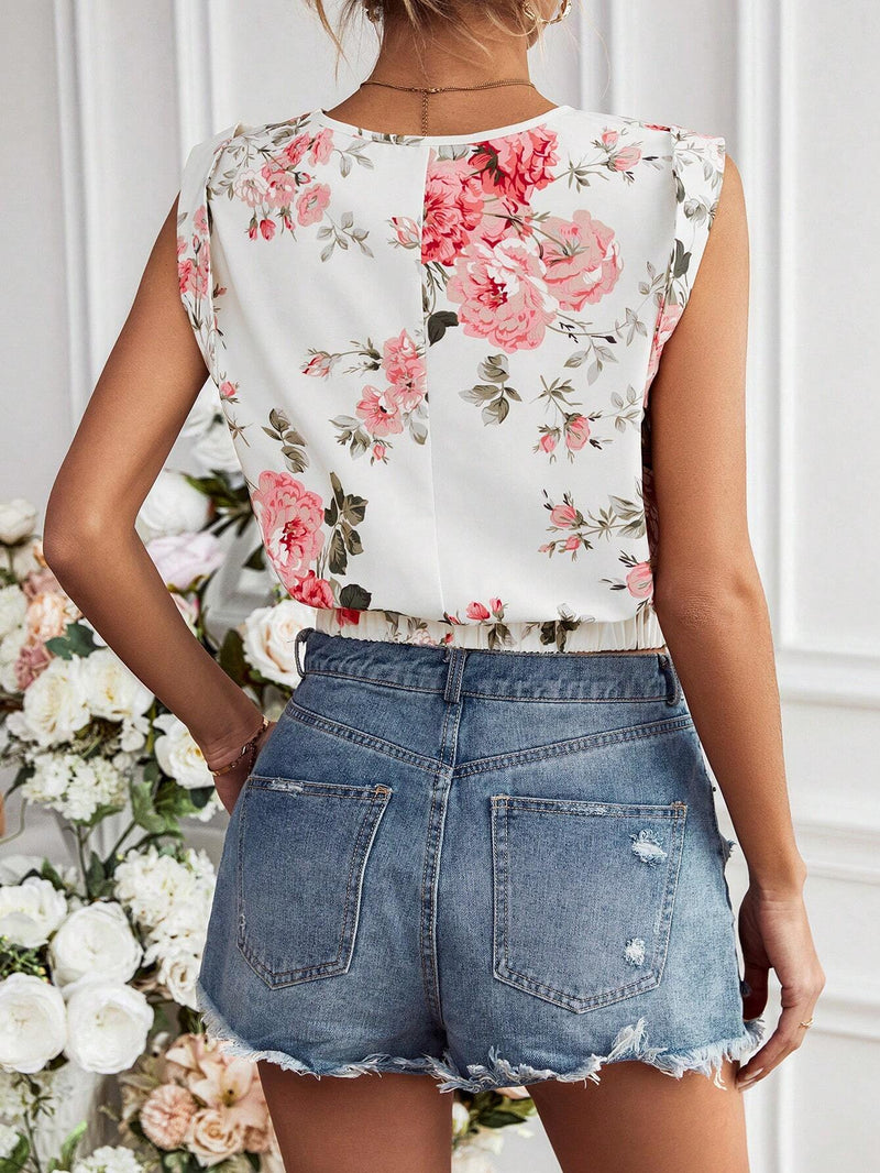 Camisa Floral Con Lazada Delantera