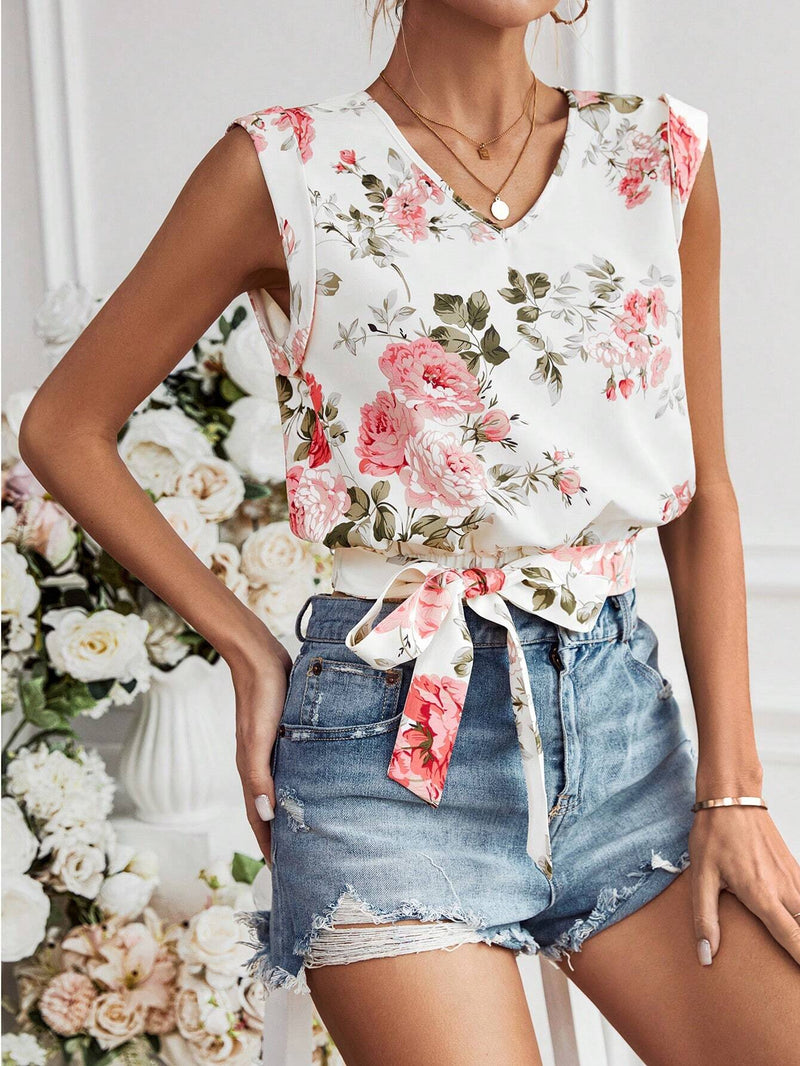 Camisa Floral Con Lazada Delantera