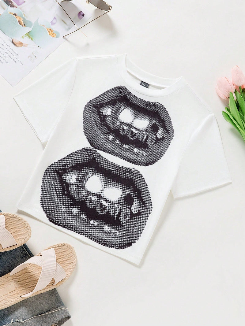 Camiseta De Mujer Con Estampado De Besos En Los Labios