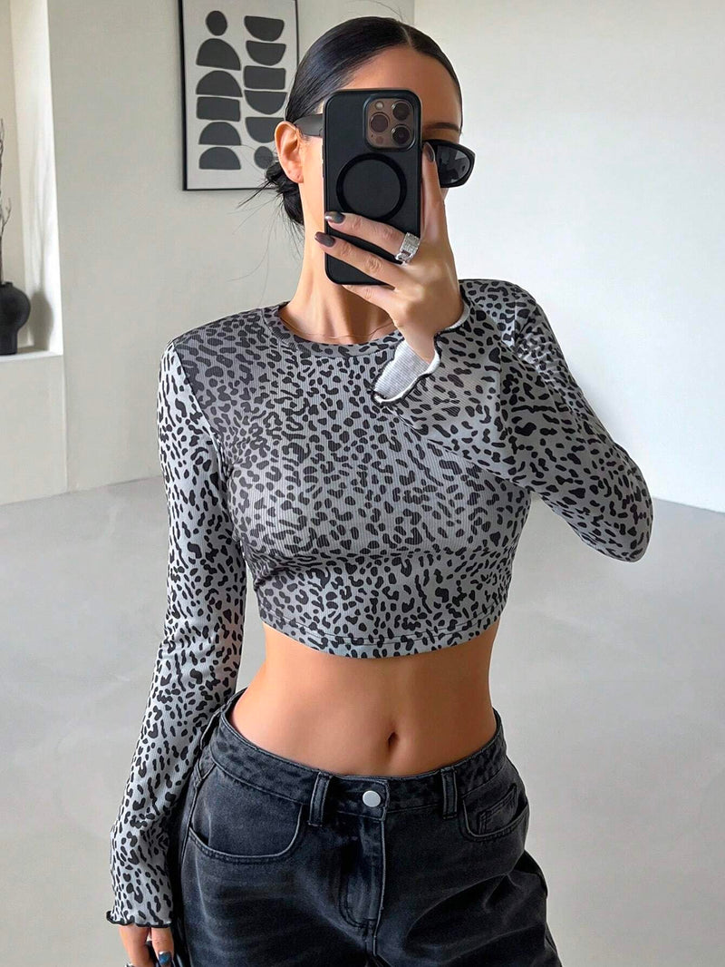 DAZY Camiseta Corta De Manga Larga Con Estampado De Leopardo Y Cuello Redondo Elastico Con Tenido Anudado Para Mujer