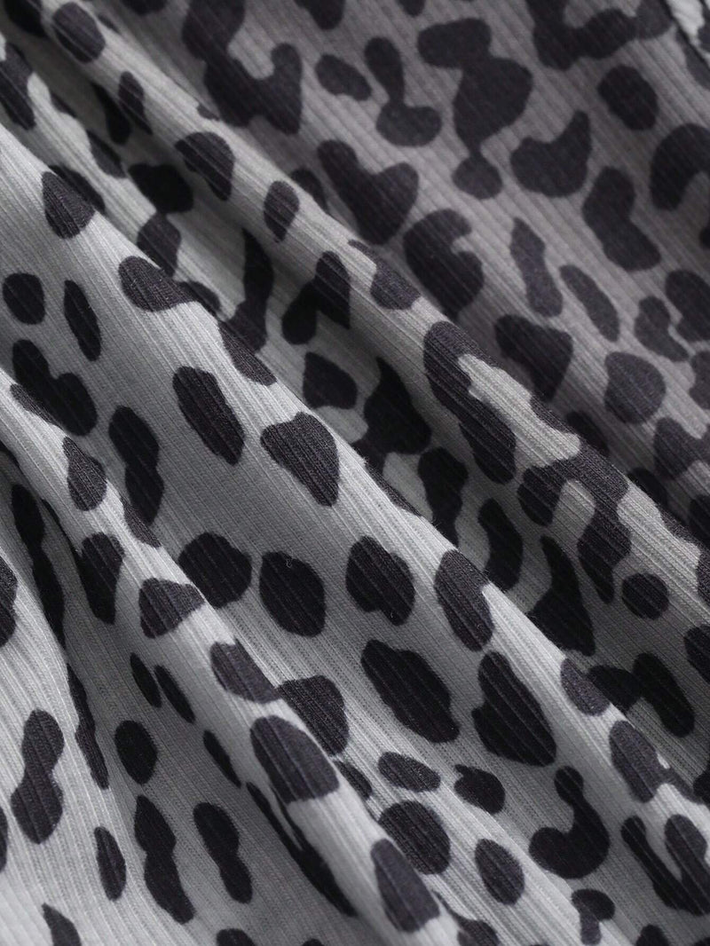 DAZY Camiseta Corta De Manga Larga Con Estampado De Leopardo Y Cuello Redondo Elastico Con Tenido Anudado Para Mujer