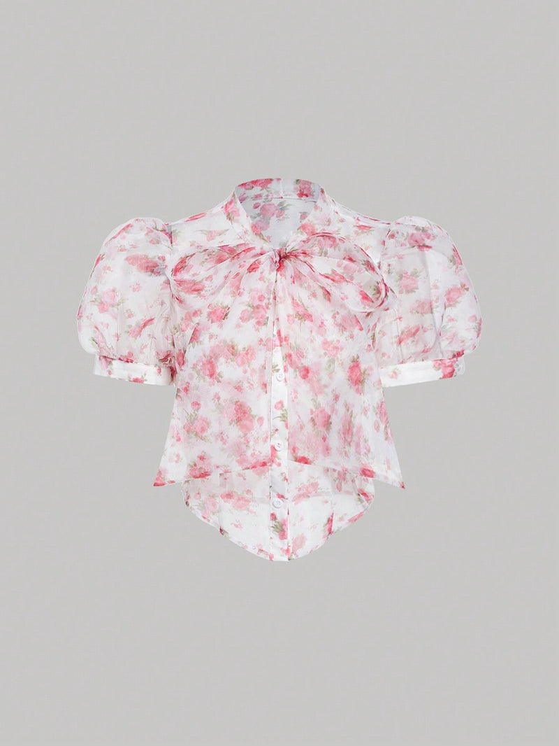 MOD Blusa Floral De Manga Corta Abullonada Con Cuello Anudado Para Mujer