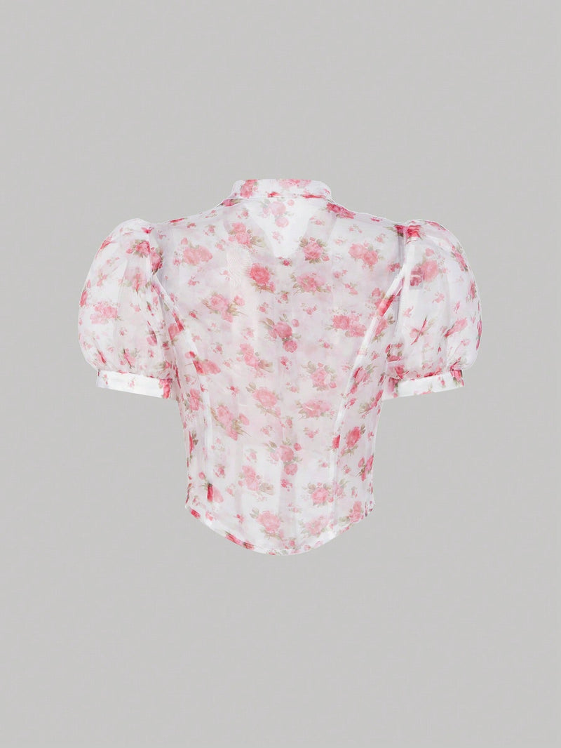 MOD Blusa Floral De Manga Corta Abullonada Con Cuello Anudado Para Mujer