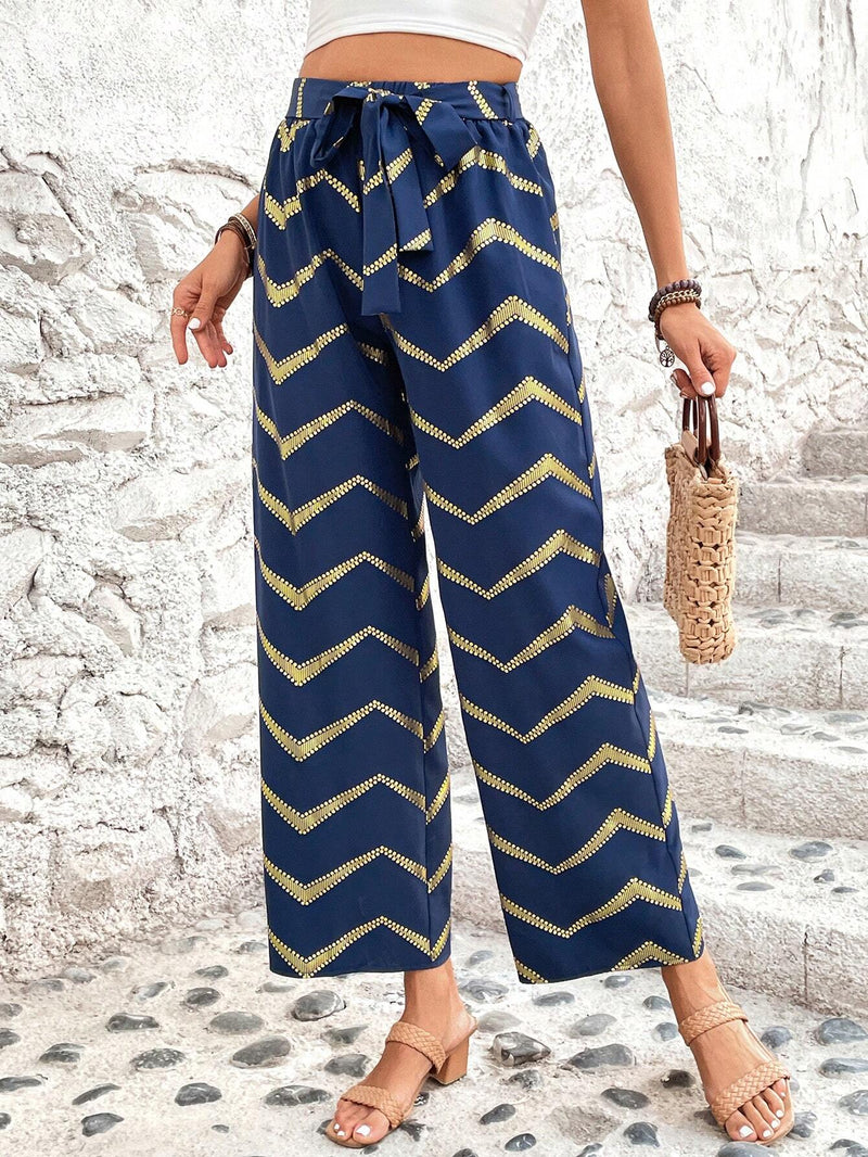 LUNE Pantalones De Pierna Recta Para Mujer Con Rayas Y Estampado Y Detalles Dorados