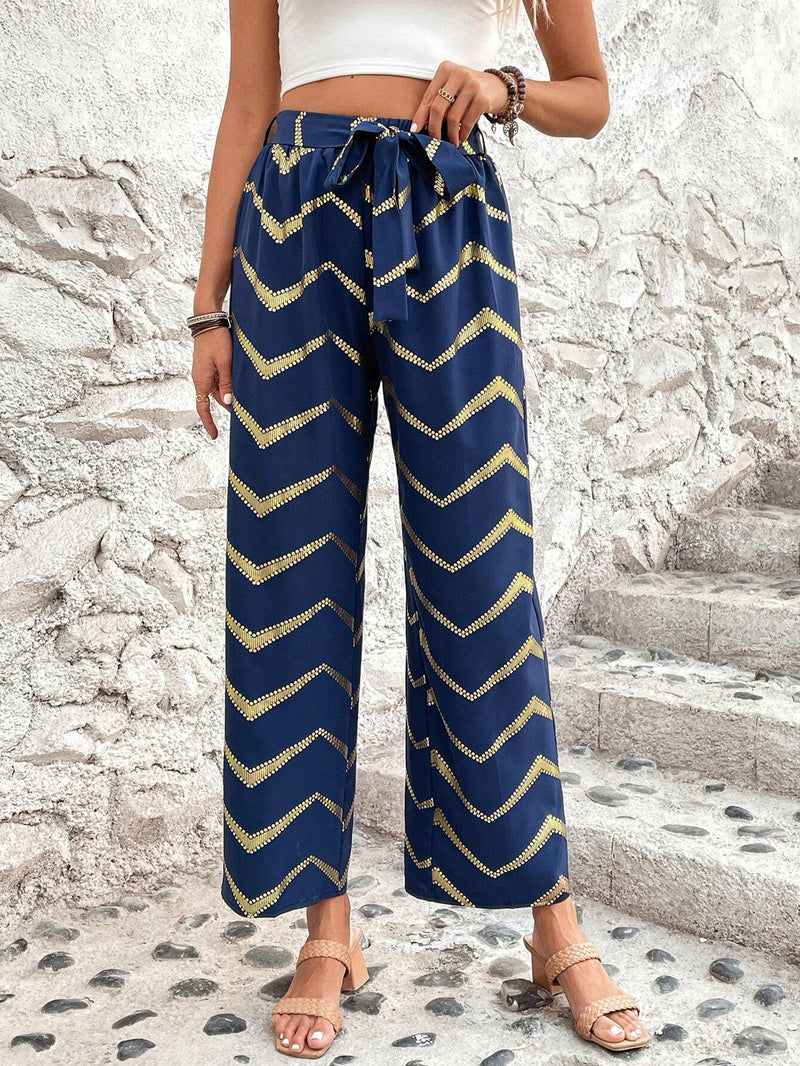 LUNE Pantalones De Pierna Recta Para Mujer Con Rayas Y Estampado Y Detalles Dorados