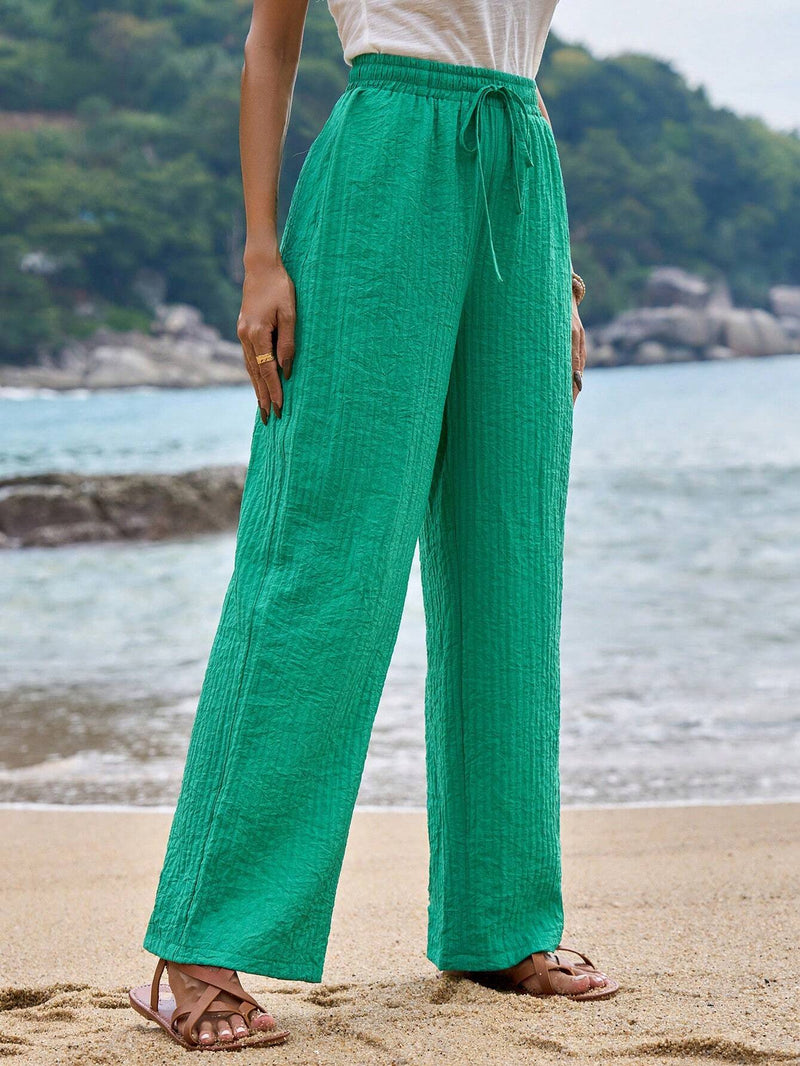 Frenchy Pantalon Largo De Mujer De Cintura Con Cordon, De Color Solido Y Texturizado Para Verano, Pantalon Verde