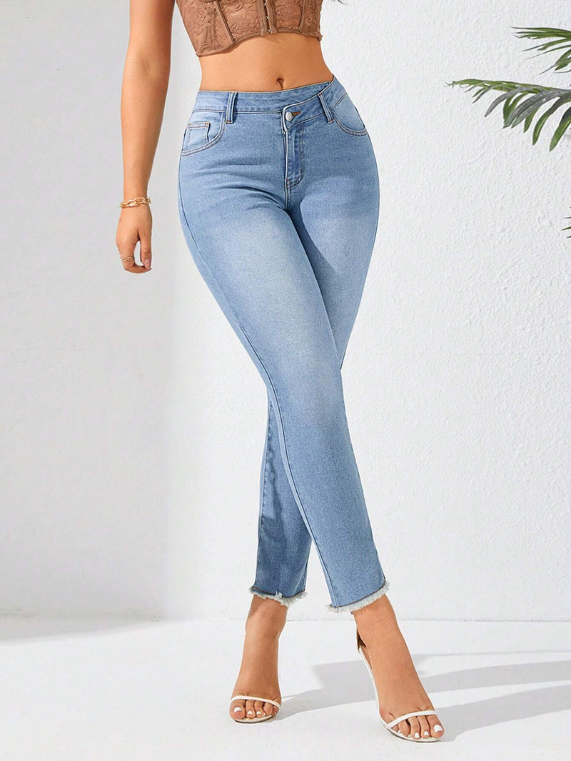 Prive Jeans De Mezclilla Lavados Con Flecos Y Dobladillo Deshilachado Para Mujer