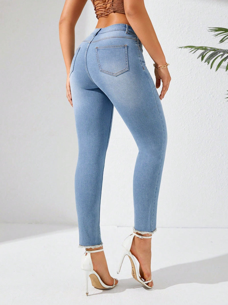 Prive Jeans De Mezclilla Lavados Con Flecos Y Dobladillo Deshilachado Para Mujer