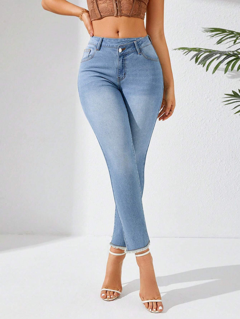 Prive Jeans De Mezclilla Lavados Con Flecos Y Dobladillo Deshilachado Para Mujer