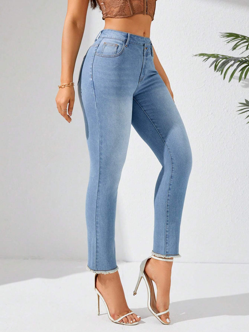 Prive Jeans De Mezclilla Lavados Con Flecos Y Dobladillo Deshilachado Para Mujer