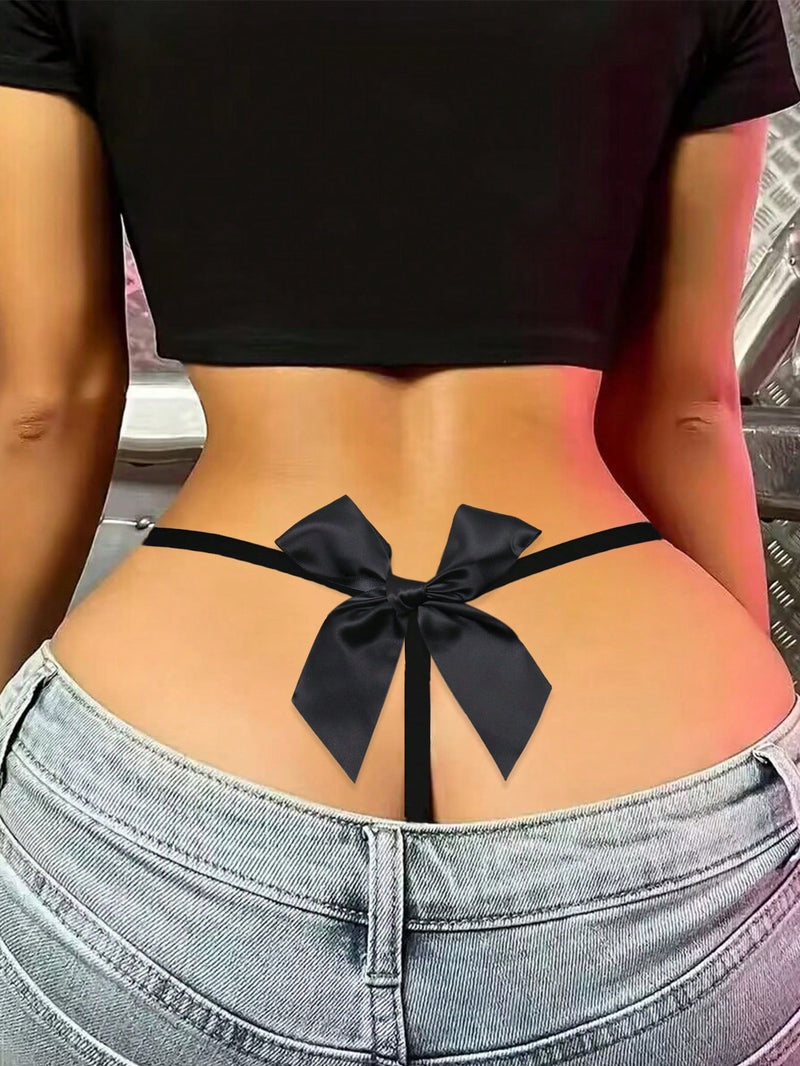 Tanga sexy transparente con encaje, malla y decoracion de lazo