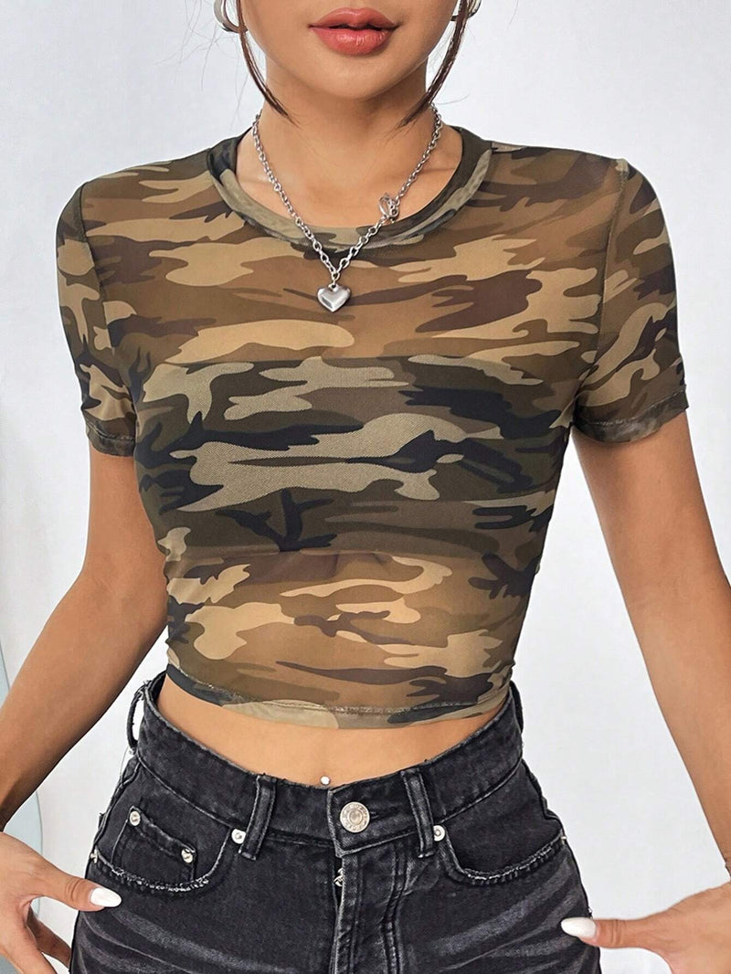 EZwear Top De Malla De Punto Con Cuello Redondo En Camuflaje Para Mujeres