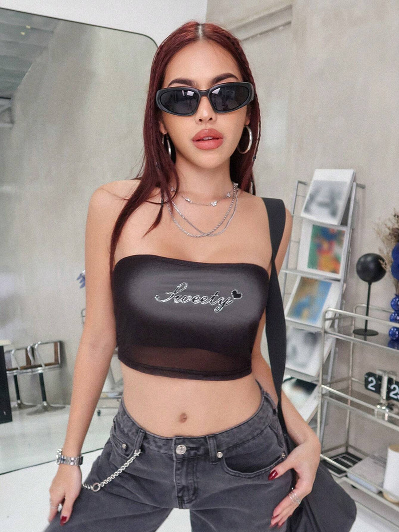 EZwear Top De Bustier Sin Mangas De Malla De Doble Capa Para Mujer Con Impresion De Letra Y Corazon De Diamantes De Imitacion