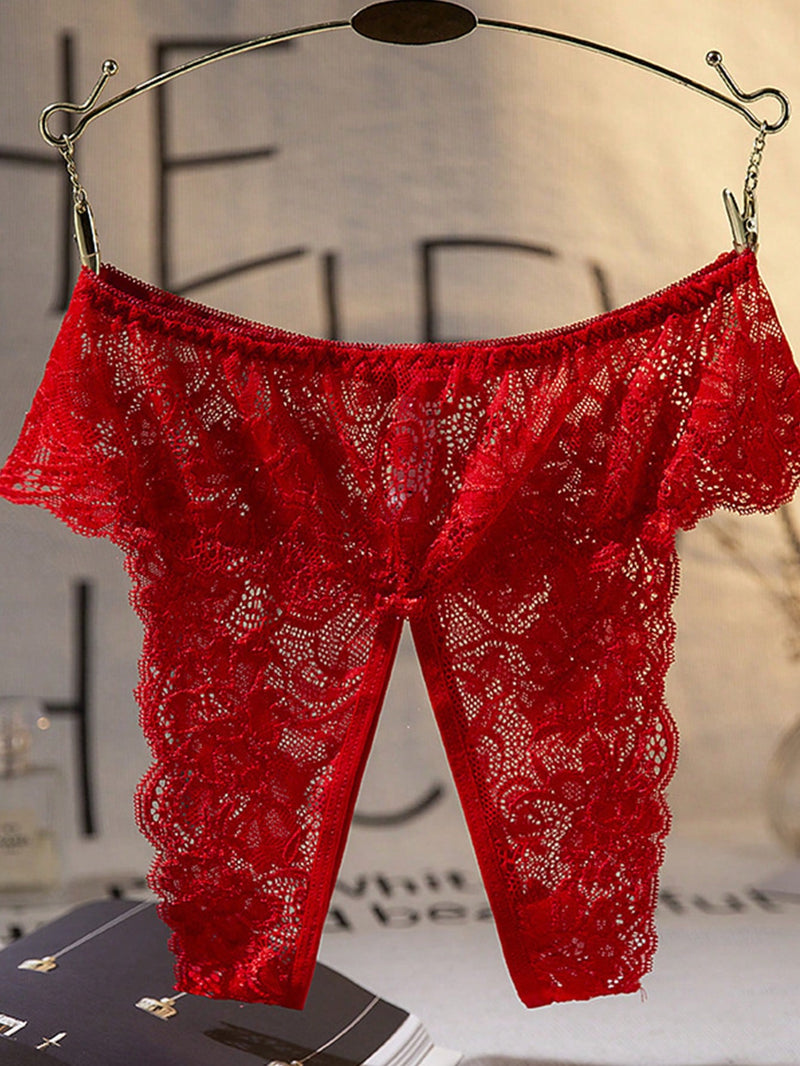 1 Pieza Panties Rojos De Encaje Con Entrepierna Abierta Para Mujer, Ropa Interior Sexy De Damas, Adecuada Para Atuendo De Fiesta En Casa