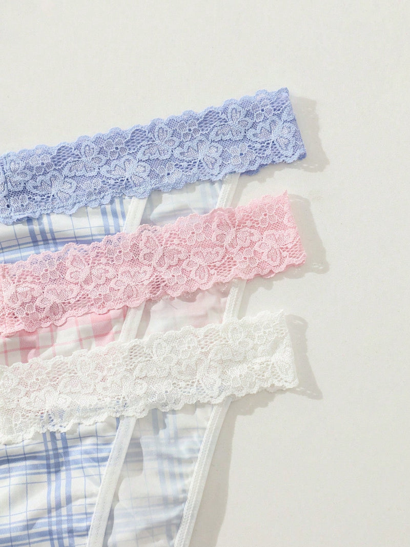 Panties Triangulares Con Encaje Y Parches De Tartan Para Mujer