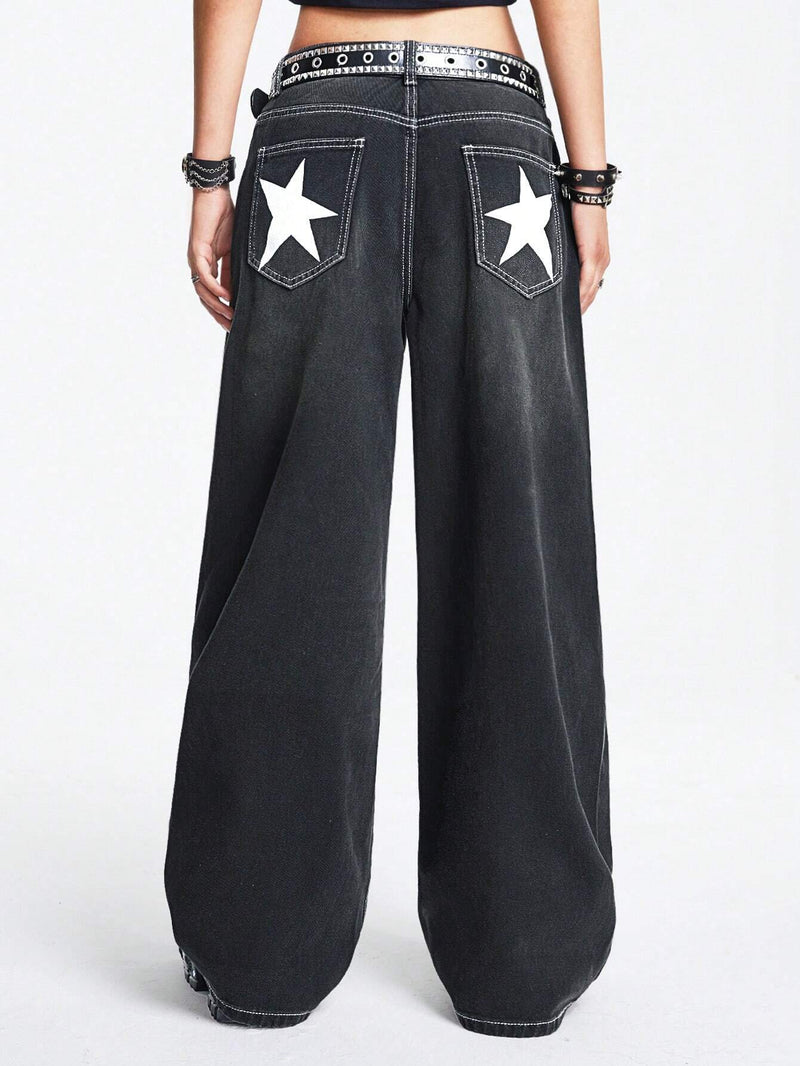 ROMWE Grunge Punk Jeans Desgastados Con Estampado De Estrellas Y Bolsillo Trasero Para Mujer