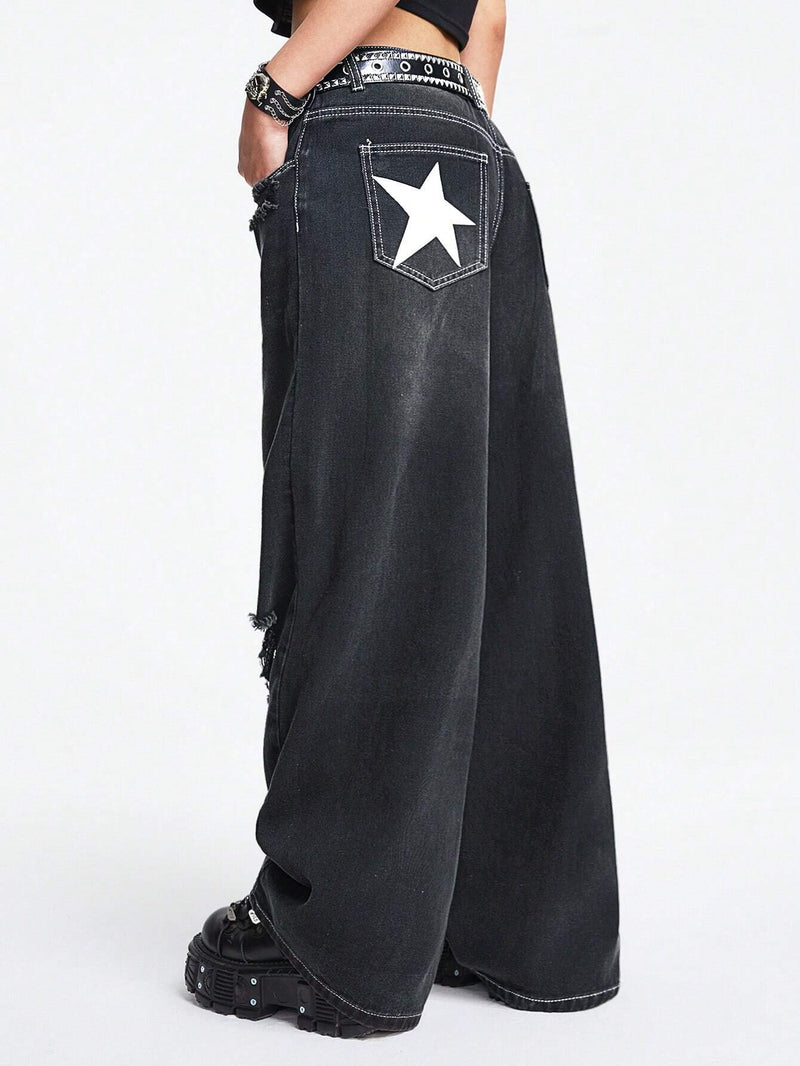 ROMWE Grunge Punk Jeans Desgastados Con Estampado De Estrellas Y Bolsillo Trasero Para Mujer