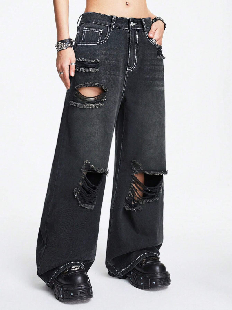 ROMWE Grunge Punk Jeans Desgastados Con Estampado De Estrellas Y Bolsillo Trasero Para Mujer