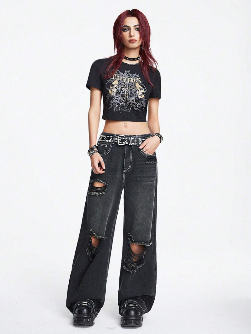 ROMWE Grunge Punk Jeans Desgastados Con Estampado De Estrellas Y Bolsillo Trasero Para Mujer