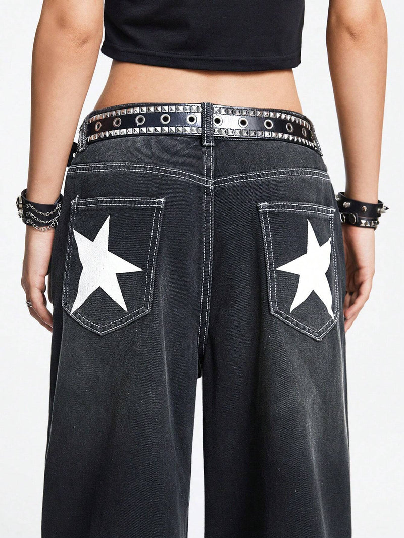 ROMWE Grunge Punk Jeans Desgastados Con Estampado De Estrellas Y Bolsillo Trasero Para Mujer