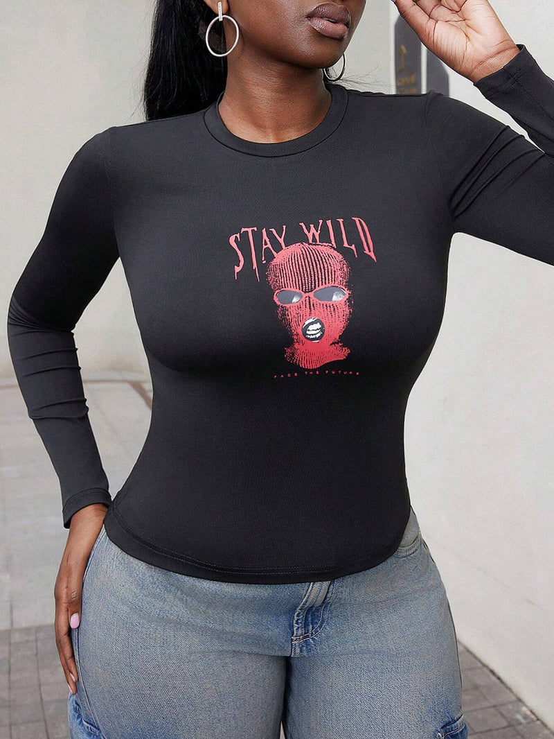 Camiseta De Manga Larga Con Estampado Innovador Para Mujer Y Ajustada Al Cuerpo