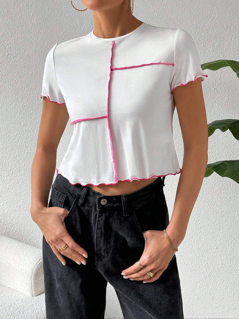 Essnce Camiseta Casual De Punto Con Bloque De Color Blanco Y Rojo Rosa De Primavera/verano Para Mujeres , Cuello Redondo Y Costuras Expuestas