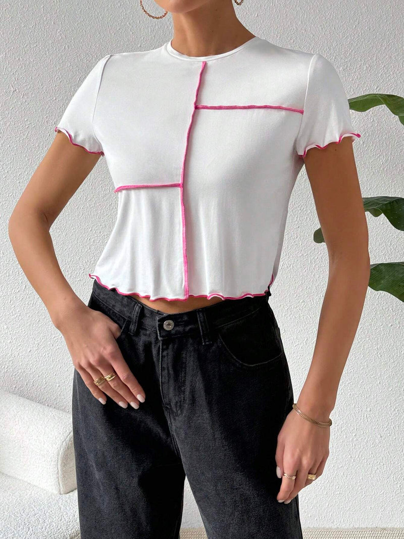 Camiseta Casual De Punto Con Bloque De Color Blanco Y Rojo Rosa De Primavera/verano Para Mujeres , Cuello Redondo Y Costuras Epuestas