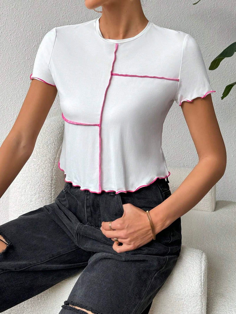 Camiseta Casual De Punto Con Bloque De Color Blanco Y Rojo Rosa De Primavera/verano Para Mujeres , Cuello Redondo Y Costuras Epuestas