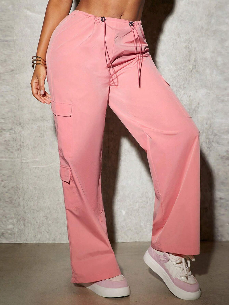 Slayr Pantalones Casuales De Cintura Con Cordon De Estilo De Ropa De Trabajo, Pantalones Rectos De Pierna Para Mujeres En Color Rosa