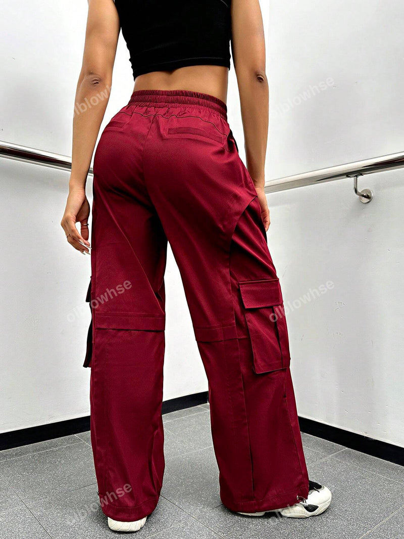 Y2k street pantalones de paracaidas cargo estilo hip hop con cintura elastica y bolsillo con solapa y dobladillo con cordon lateral