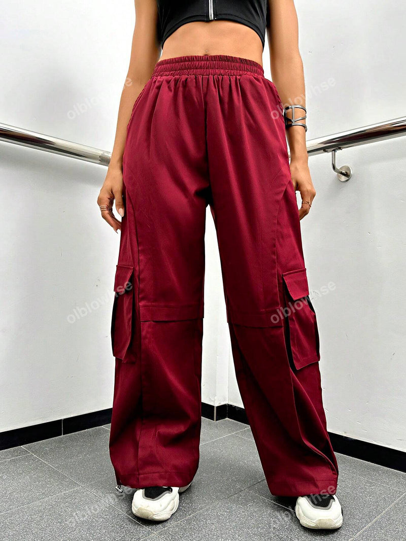 Y2k street pantalones de paracaidas cargo estilo hip hop con cintura elastica y bolsillo con solapa y dobladillo con cordon lateral