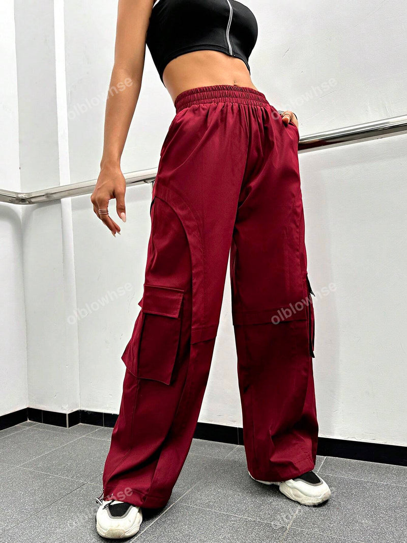 Y2k street pantalones de paracaidas cargo estilo hip hop con cintura elastica y bolsillo con solapa y dobladillo con cordon lateral